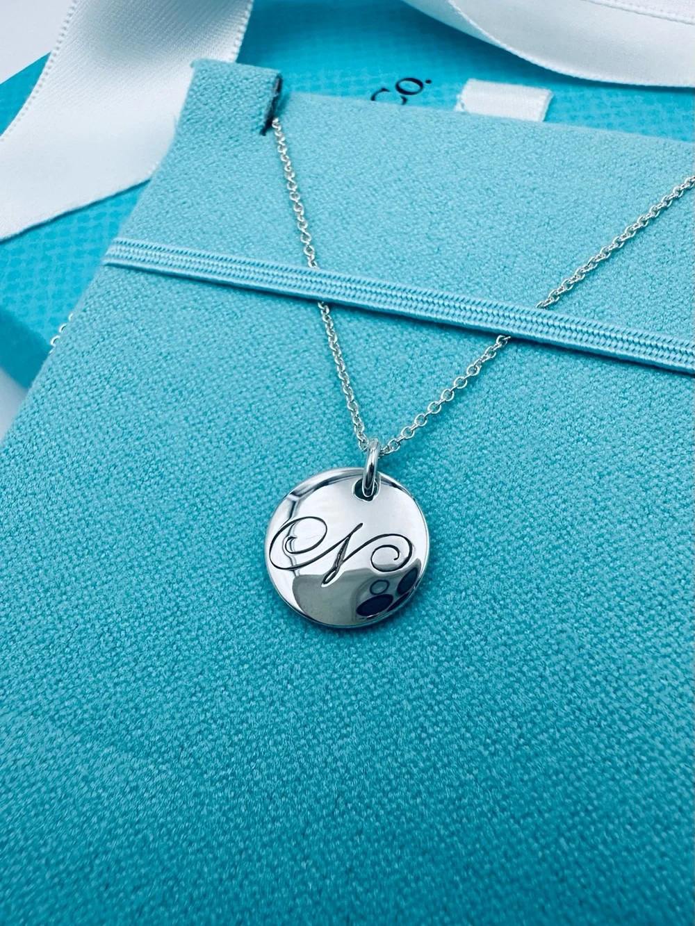 Tiffany & Co. Retired Notes Letter N Disc Charm Necklace 16” in Silver Packaging